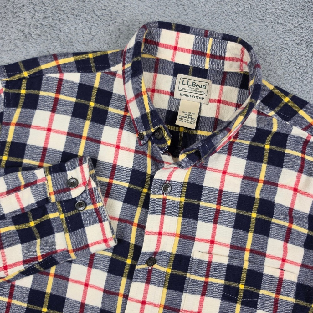 LL Bean Scotch Flannel Shirt Men M Blue Red Plaid Slightly Fitted Cotton Outdoor